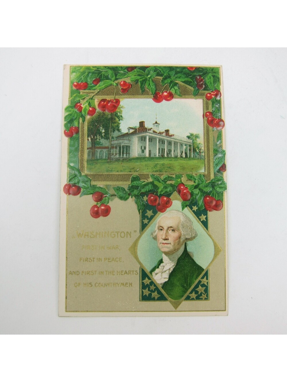 Postcard George Washington Mount Vernon & Cherries Patriotic Embossed Antique